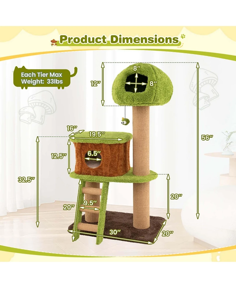 Costway 56" Tall Cat Tower with Mushroom-shaped Nest Condo Climbing Ladder Teasing Ball