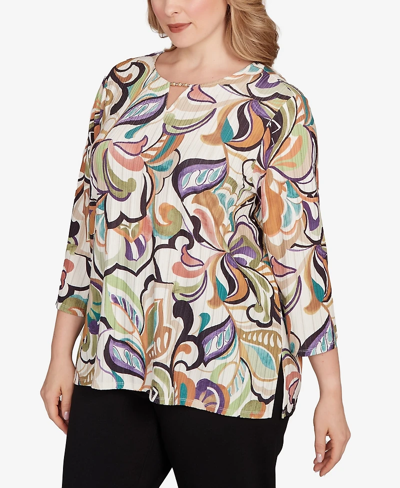 Alfred Dunner Plus Classic Abstract Scroll Split Neck Top