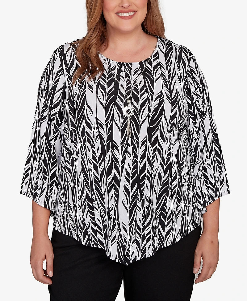 Alfred Dunner Plus Classic Puff Print Abstract Feather Crew Neck Top
