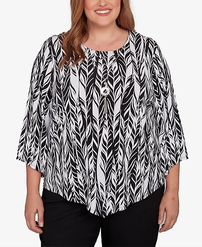 Alfred Dunner Plus Classic Puff Print Abstract Feather Crew Neck Top