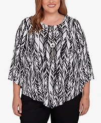 Alfred Dunner Plus Classic Puff Print Abstract Feather Crew Neck Top