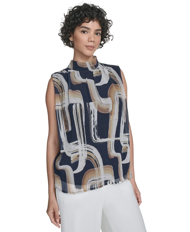 Calvin Klein Women's Printed Mock-Neck Sleeveless Blouse