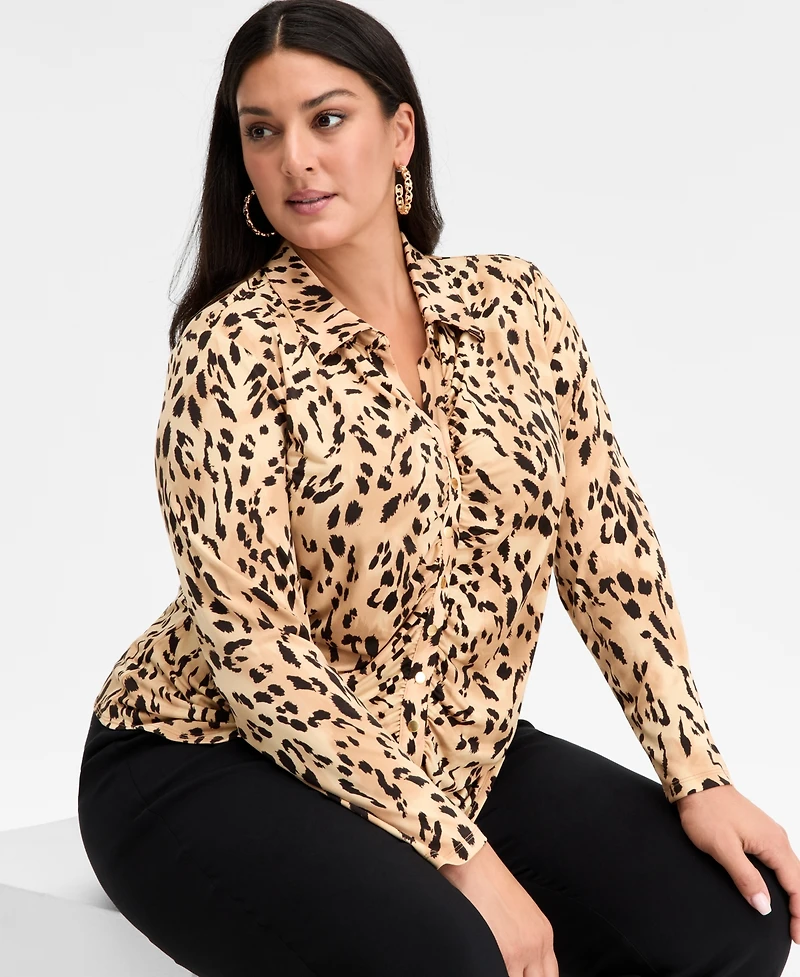 I.n.c. International Concepts Plus Printed Gathered Collared Shirt, Macy's Exclusive