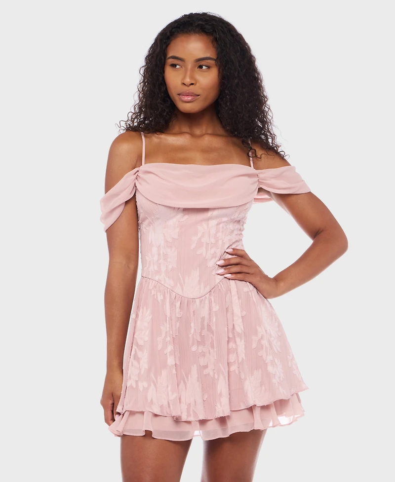 B Darlin Juniors' Cold-Shoulder Jacquard Fit & Flare Dress