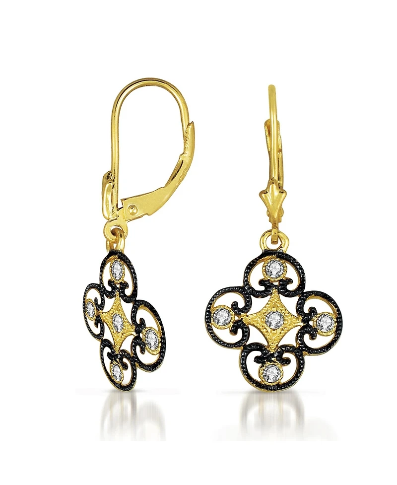 Genevive C.z. Sterling Silver 14K Gold Plated Lace Deco Euro Earrings