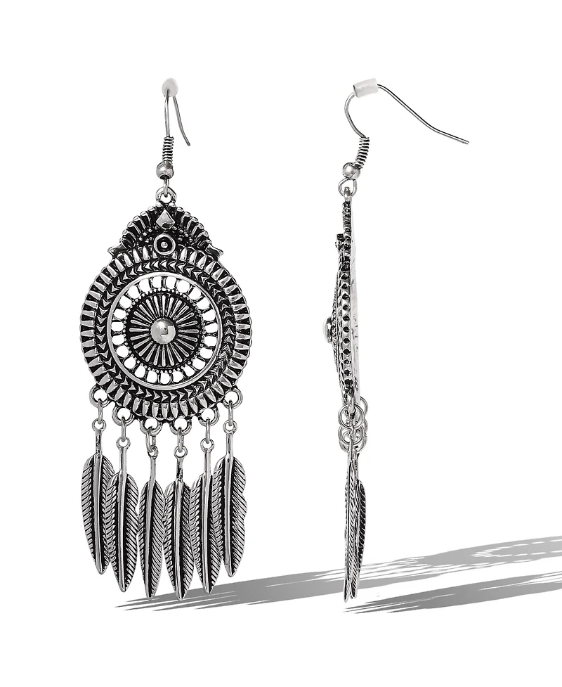 Jessica Simpson Boho Feather Statement Drop Earrings in Antique Silver