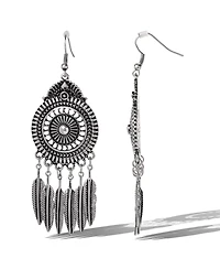 Jessica Simpson Boho Feather Statement Drop Earrings in Antique Silver