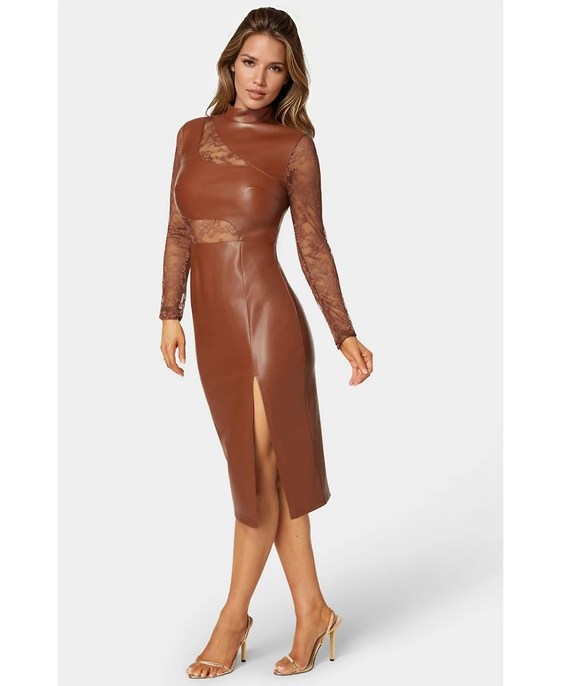 Bebe Women's Faux Leather Lace Illusion Midi Dress