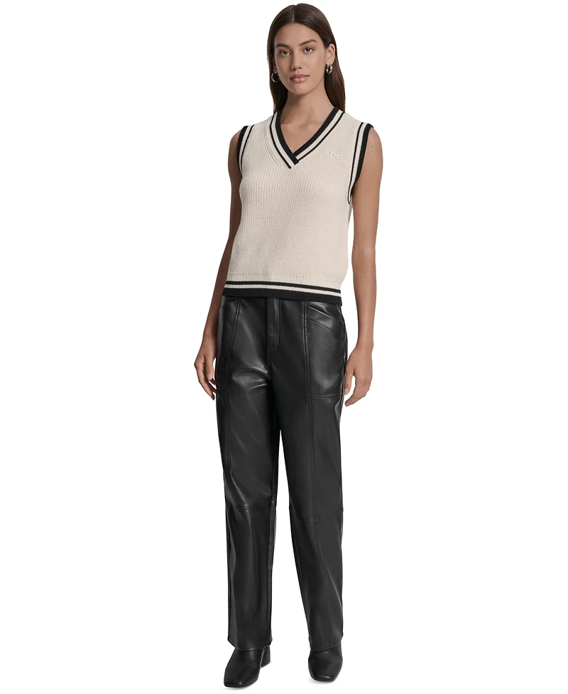 Dkny Jeans Women's Contrast Trim Cotton V-Neck Sleeveless Sweater
