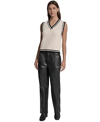 Dkny Jeans Women's Contrast Trim Cotton V-Neck Sleeveless Sweater