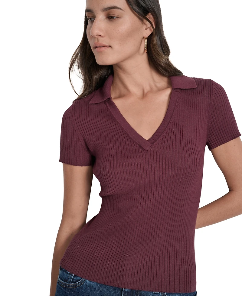 Dkny Jeans Womens Ribbed V-Neck Polo Sweater