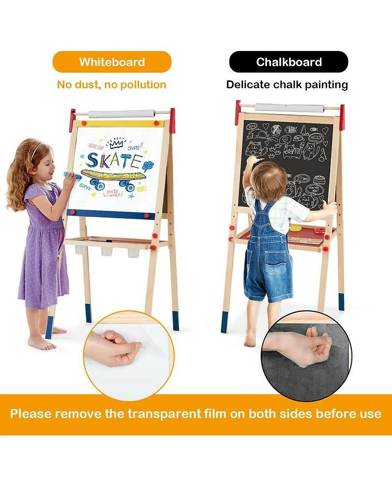 Akiudex all-in-one wooden height adjustable kid's art easel with magnetic stickers and paper