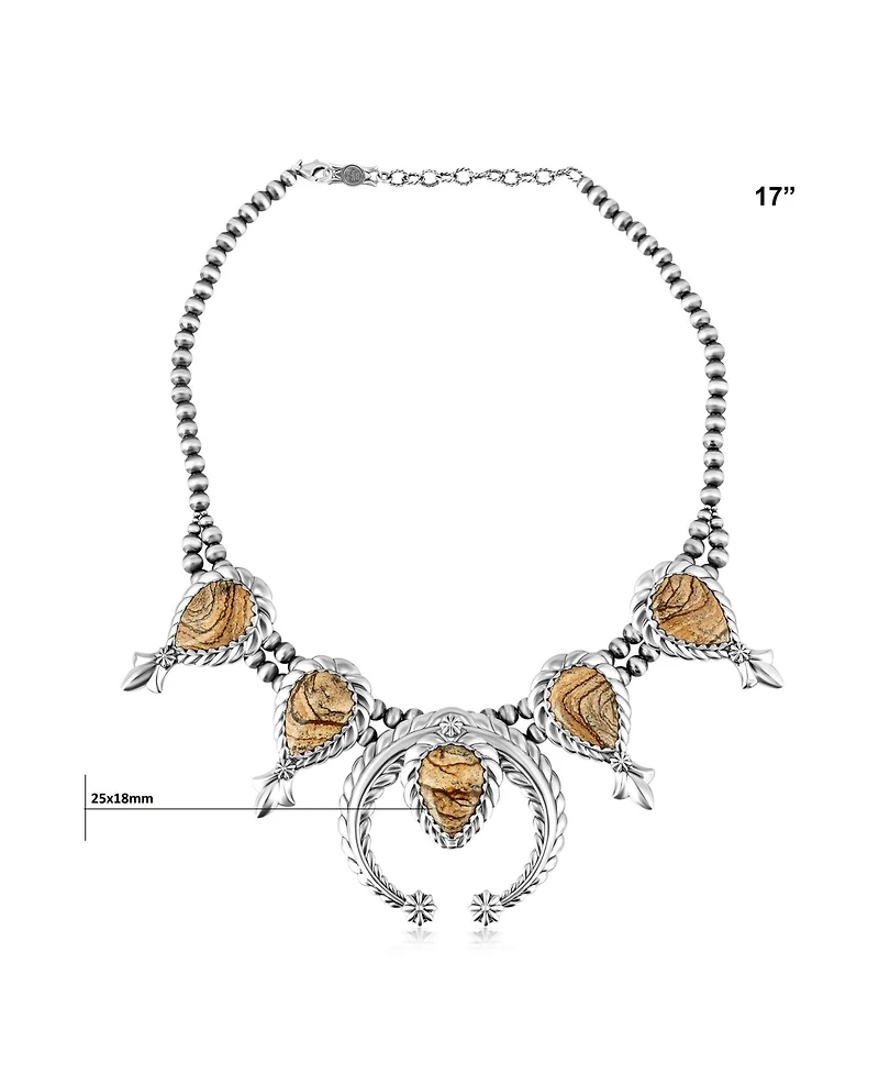 American West Jewelry Sterling Silver Picture Jasper Pear-Cut Squash Blossom Necklace, 17 to 20 Inches