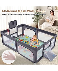 Gymax Toddler Large Playpen w/ Mat Play Yard w/ Basketball Hoop Soccer Nets