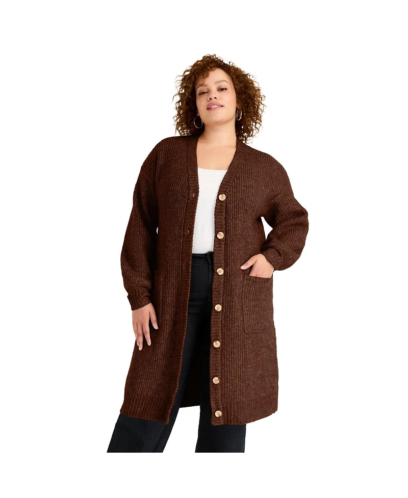 June + Vie Women's Plus Midi-Length Button-Down Cardigan