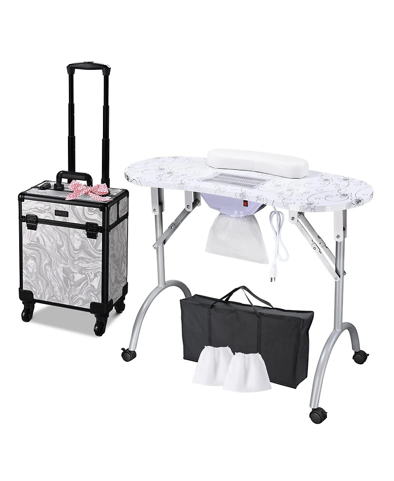 Byootique Folding Manicure Nail Table & Rolling Makeup Train Case Cb Graystone