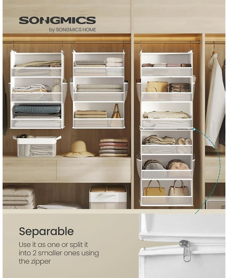 Songmics Home 6-Tier Hanging Closet Organizer, Foldable Fabric Shelf with Side Pockets, Bamboo Inserts & Metal Hooks , Cloud White