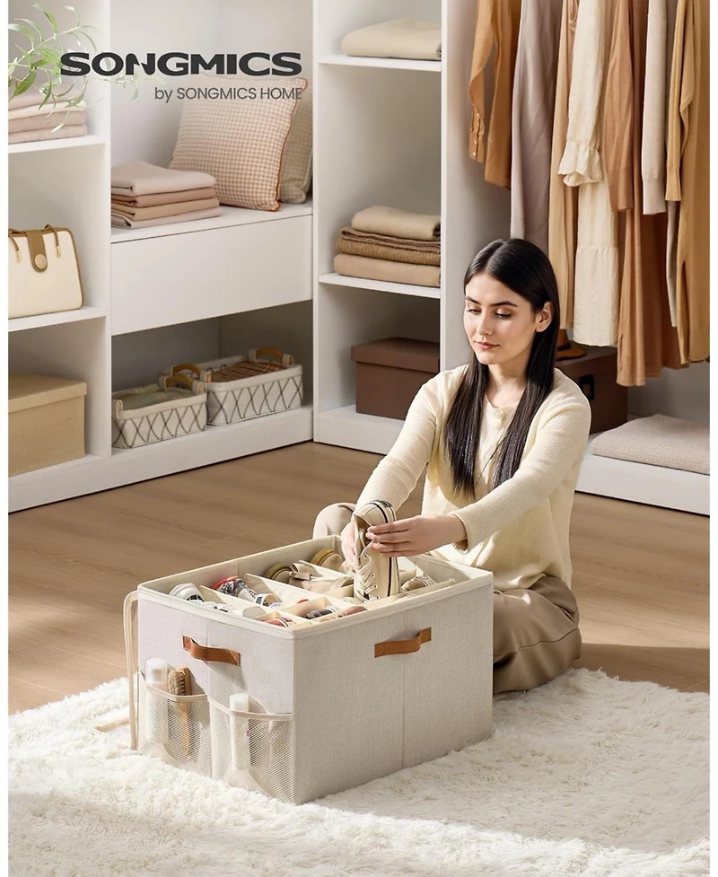 Songmics Home Closet Shoe Organizer – Fabric Storage Bin with Handles & Clear Lid, Holds Up to 16 Pairs, Adjustable Dividers, Cappuccino Beige