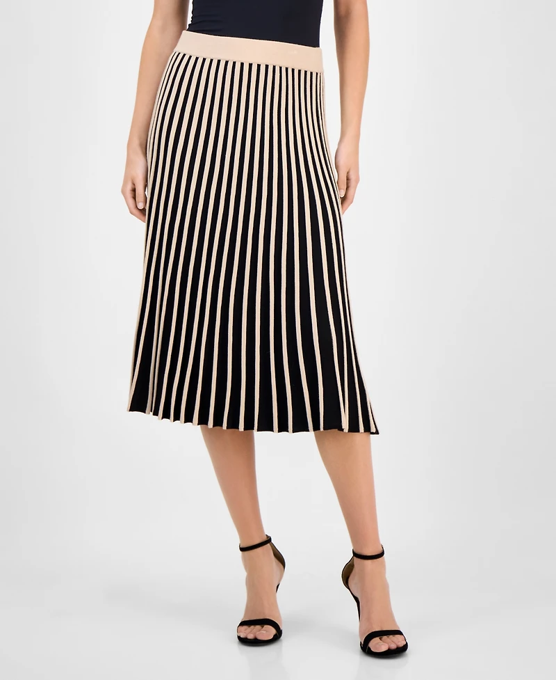 T Tahari Women's Striped Pull-On Flared Midi Skirt