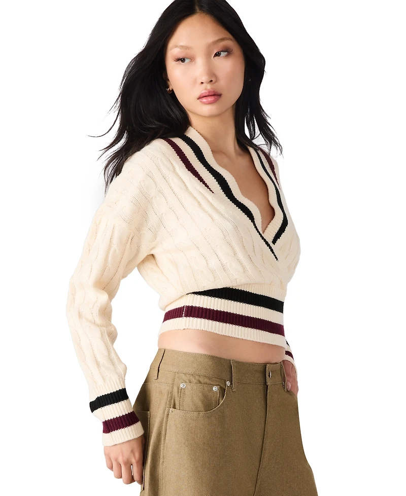 Steve Madden Women's Addison V-Neck Varsity Cable Sweater