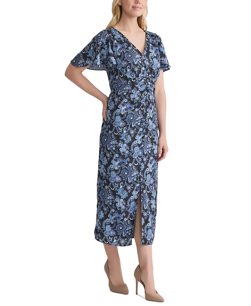 Jones New York Petite Printed Flutter-Sleeve Shirred Dress