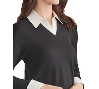 Jones New York Petite V-Neck Long-Sleeve Two-Fer Pullover
