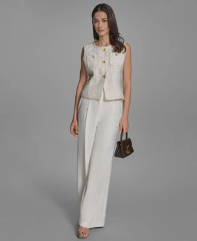 Bcbg Womens Textured Crewneck Button Front Vest Pleated Wide Leg Pants