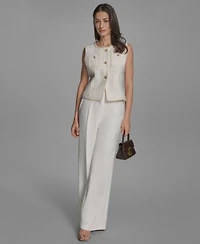 Bcbg Womens Textured Crewneck Button Front Vest Pleated Wide Leg Pants