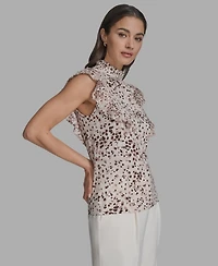 Bcbg Women's Printed Mock Neck Knit Flutter-Sleeve Top