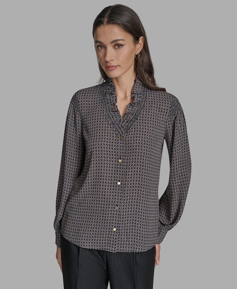 Bcbg Women's Printed Ruffled V-Neck Blouse
