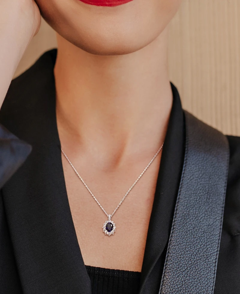 Gemstone & Diamond Accent Halo 18" Pendant Necklace Sterling Silver