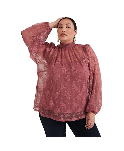 June + Vie Women's Plus Smocked Mockneck Blouse