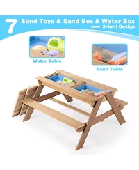 Cesicia 3-in-1 Kids Outdoor Wooden Picnic Table With Umbrella, Convertible Sand & Wate
