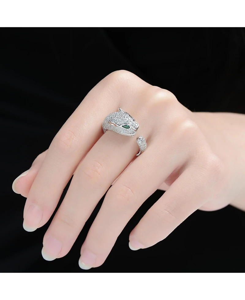 Rachel Glauber Panther Head with Green & Clear Cubic Zirconia Open Band Ring