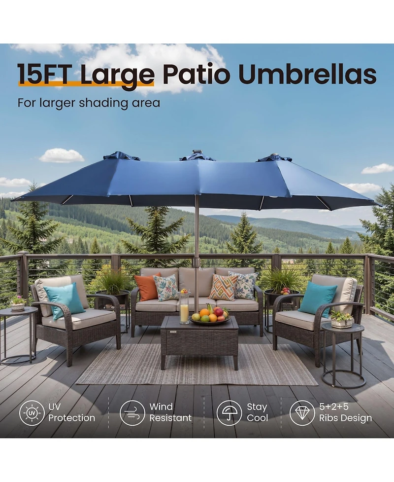 Xizzi 15ft Solar Umbrella Smart Led Lighted Patio Umbrella,12 Heavy Duty Ribs Large Outdoor Double Sided Rectangle Umbrella with Light Modes and Base