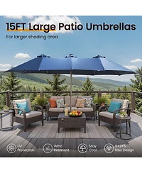Xizzi 15ft Solar Umbrella Smart Led Lighted Patio Umbrella,12 Heavy Duty Ribs Large Outdoor Double Sided Rectangle Umbrella with Light Modes and Base