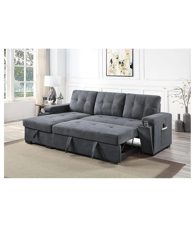 Homlux 95"W Gray Woven Fabric Reversible Sleeper Sectional Sofa with Storage Chaise Cup Holder Charging Ports and Pockets