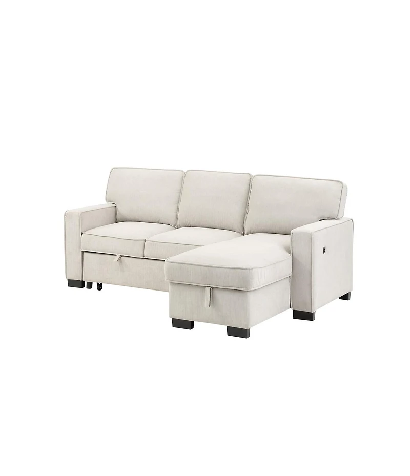 Homlux 86.5"W Beige Fabric Reversible Sleeper Sectional with Storage Chaise Drop-Down Table 2 Cup Holders and 2USB Ports