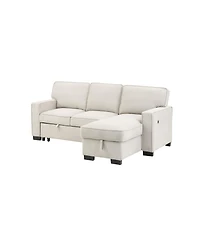 Homlux 86.5"W Beige Fabric Reversible Sleeper Sectional with Storage Chaise Drop-Down Table 2 Cup Holders and 2USB Ports