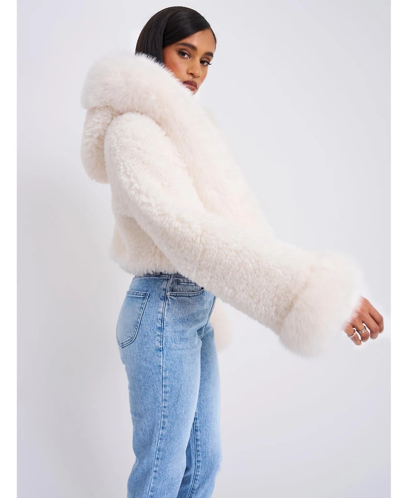 Miss Circle Women's Kali White Cropped Faux Fur Jacket With Hood