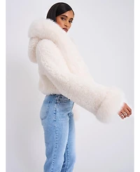 Miss Circle Women's Kali White Cropped Faux Fur Jacket With Hood