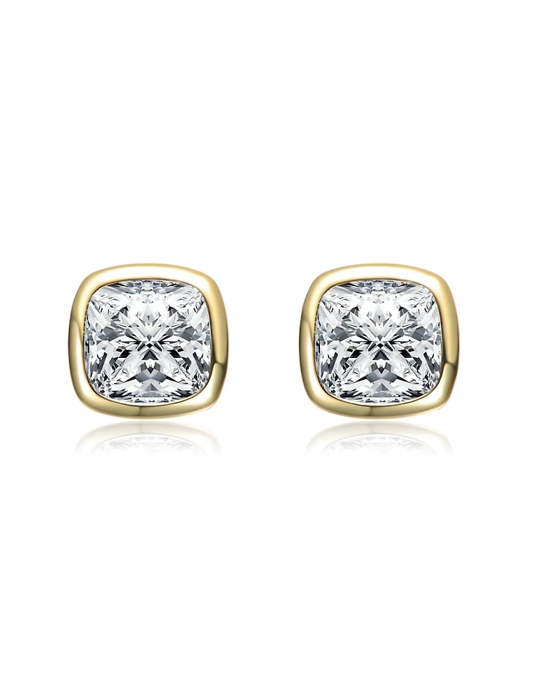 Genevive Sterling Silver 14K Gold Plated with Bezel Set Clear Cubic Zirconia Stud Earrings