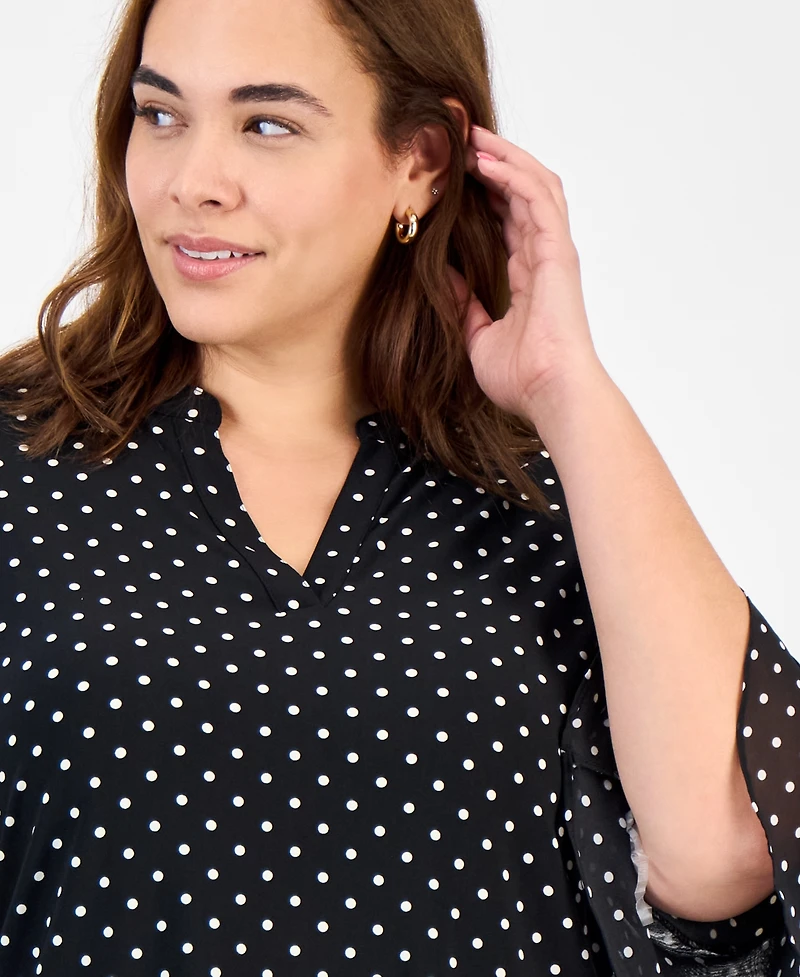 Kasper Plus Dot-Print Flutter-Sleeve Blouse