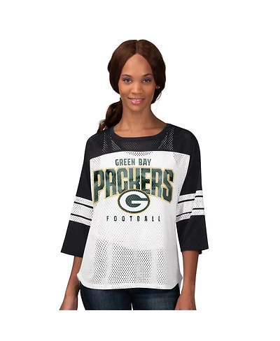 G-iii 4Her by Carl Banks Women's Black Green Bay Packers First Team 3/4-Sleeve Mesh T-Shirt