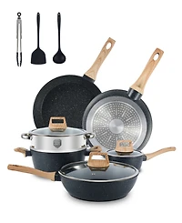 12-Piece Nonstick Ceramic Cookware Set, Granite Pots and Pans Set with Silicone Shovel, Spoon &Tongs