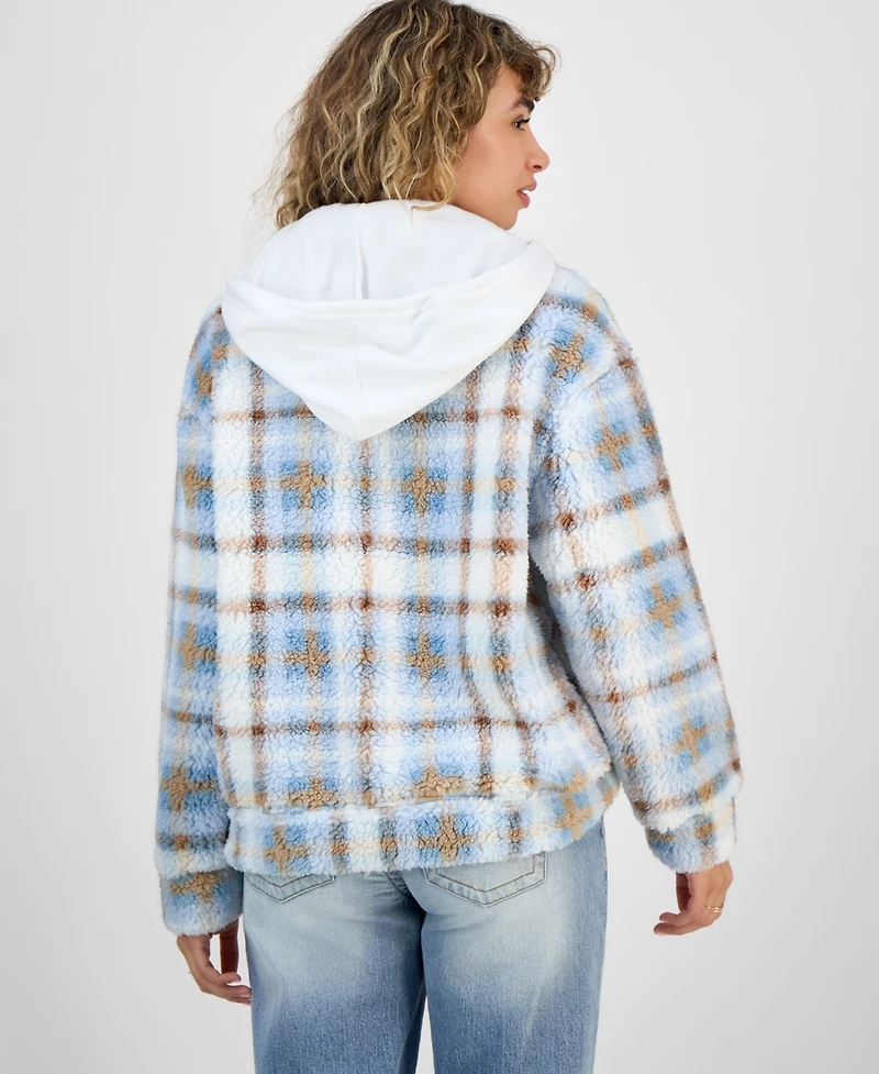 Madden Girl Juniors' Plaid Long-Sleeve Sherpa Jacket