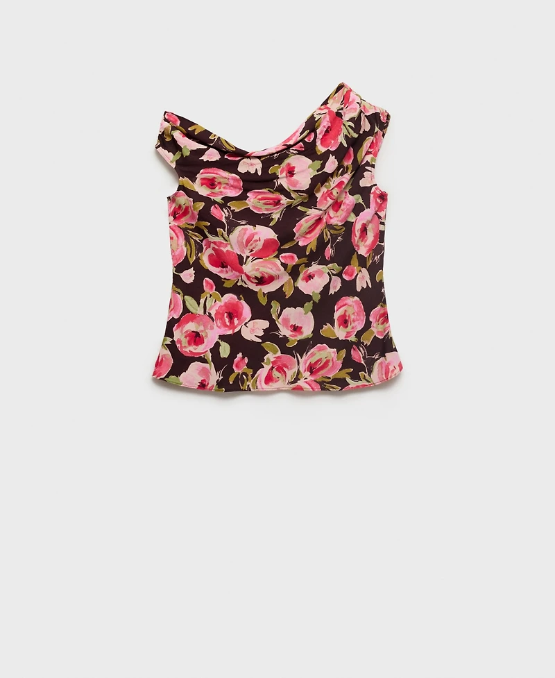 Mango Women's Asymmetrical Neck Floral Blouse