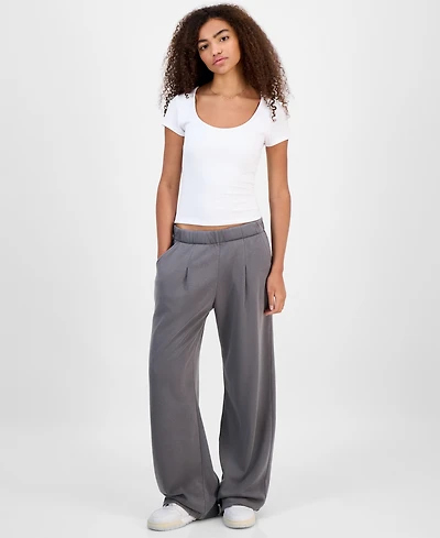 Hippie Rose Juniors' Mid-Rise Pleat-Front Trouser Fleece Pants