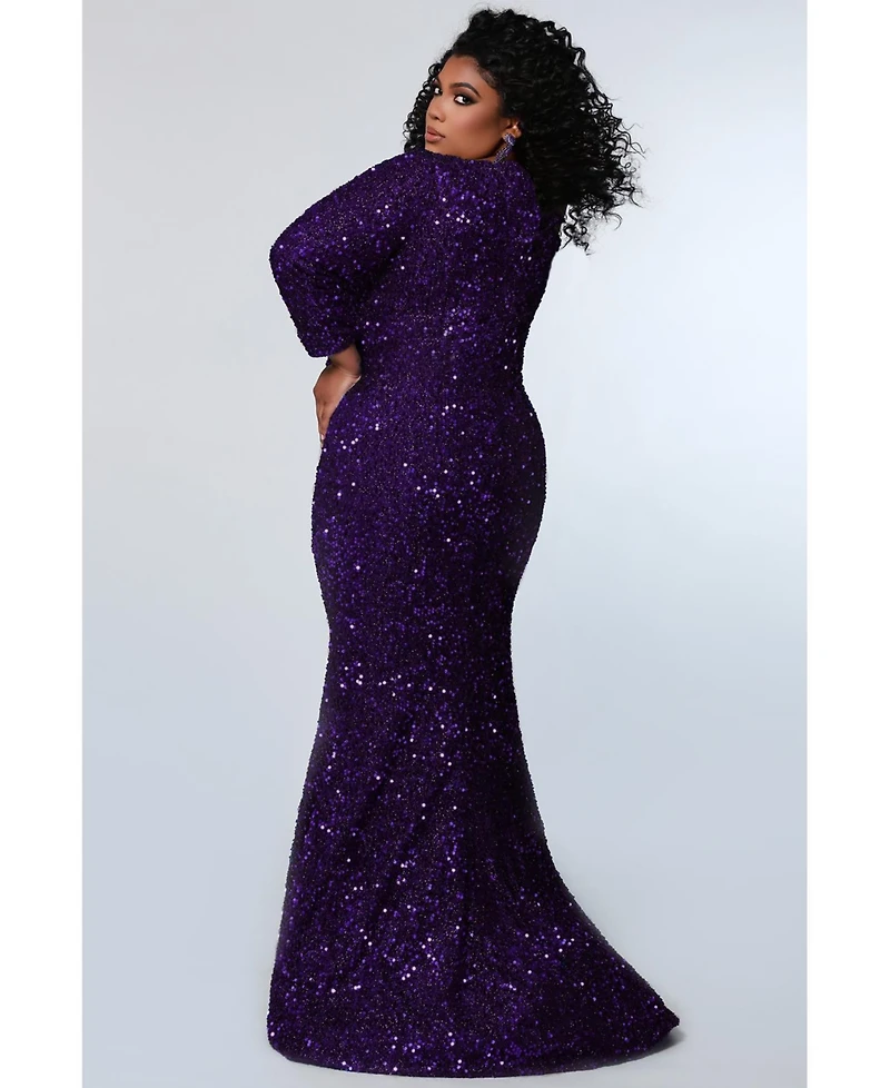 Sydney's Closet Women's Long Sleeve Fitted Scoop Neck Sequin Plus Gown