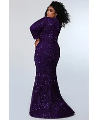 Sydney's Closet Women's Long Sleeve Fitted Scoop Neck Sequin Plus Gown